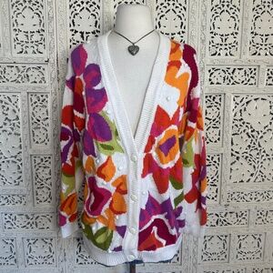 Floral Button-Front Cardigan Sweater - White with Pink, Orange & Purple